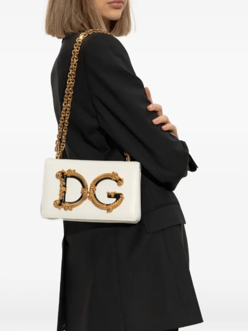 Dolce & Gabbana White Leather Shoulder Bag with Gold DG Emblem